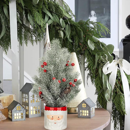 Small Christmas Tree Tabletop Snowman Potted Plants with Vase 14.2" Artificial Mini Xmas Tree Decorations Slim Pine Needles Plant with Christmas Ball Ornaments Berries Pine Cones Home Christmas Decor