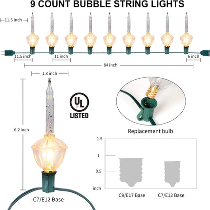 Bubble String Lights, 2 Pcak 9 Counts Traditional Clear Bubble Bulbs with Silver Glitter, Christmas Bubble Lights for Tree Holiday Christmas Celebrations Lighting, Green Wire