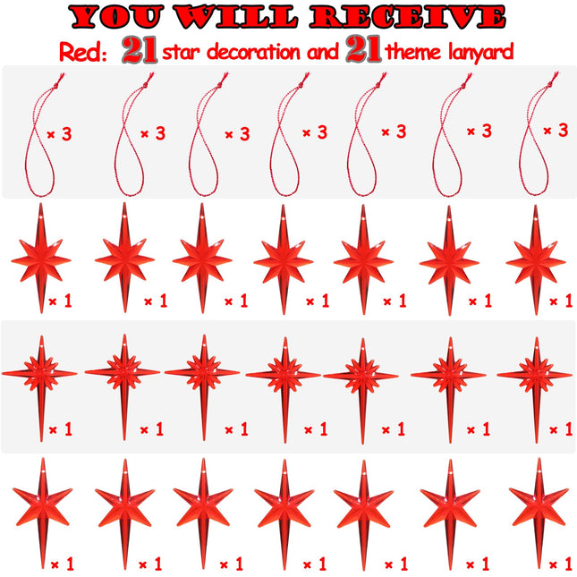21Pack Star Topper Ornaments for Replacement Ceramic Christmas Tree - Red Plastic Modern Stars Hanging Decor Accessories