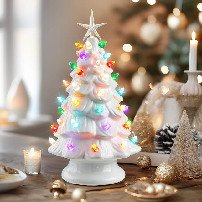 13 Inch Ceramic Christmas Tree, Pre-lit Tabletop Christmas Tree with Multicolored LED Lights and Star, Battery Operated, White