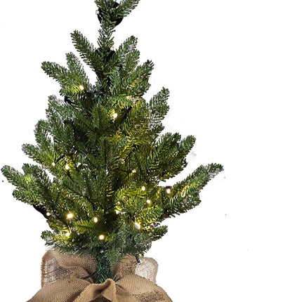 MorTime 24 Inch Mini Artificial Christmas Tree with 50 LED Lights, 2 ft Table Top Christmas Pine Tree 29 Tips with Burlap Wooden Base, Christmas Winter Home Decorations
