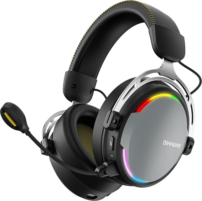 BINNUNE 2.4G Wireless Gaming Headset Headphones with Microphone for PS4 PS5 PC,Shining RGB,USB Gamer Headphones with Mic for Playstation 4|5,Bluetooth Mode for Switch,Durable Aluminum Frame