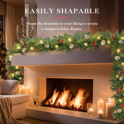 Pre-lit Christmas Garland 9FT - with Red Berries & Pine Cone Pair of Holiday Artificial Decor for Stairs Wall Door Indoor Outdoor Garland with Battery Operated Timer