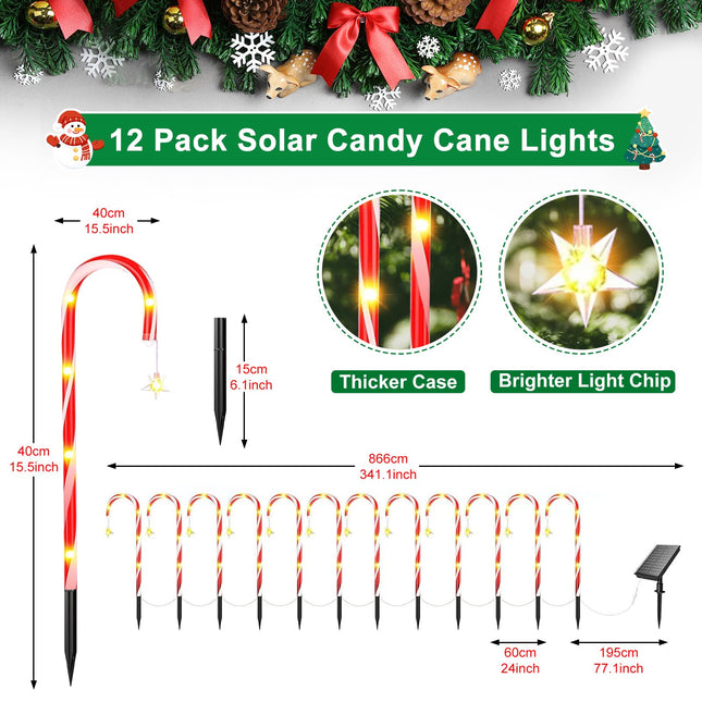 Ninonly 12 Pack Solar Christmas Lights, Outdoor Christmas Decorations, 8 Modes Candy Cane Lights Waterproof Brighter Pathway Lights for Garden Yard Xmas Holiday Outside Decor