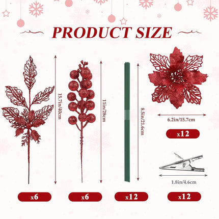 24 Pcs Artificial Glitter Christmas Tree Picks, Boxed 12 Poinsettia Flowers+ 6 Berry Stems+ 6 Flowers Berry Leaves Decorations Set, Indoor Outdoor Holiday Ornaments Decor, Red