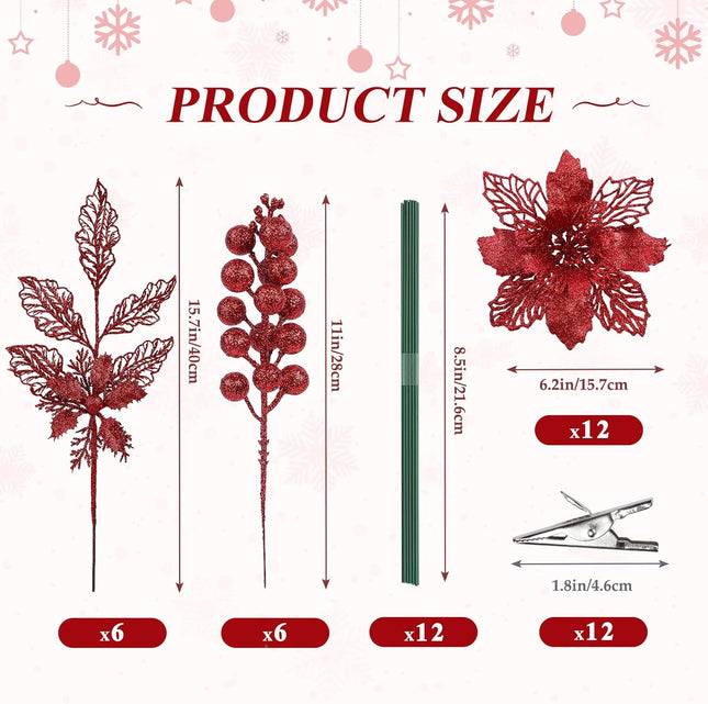 24 Pcs Artificial Glitter Christmas Tree Picks, Boxed 12 Poinsettia Flowers+ 6 Berry Stems+ 6 Flowers Berry Leaves Decorations Set, Indoor Outdoor Holiday Ornaments Decor, Red