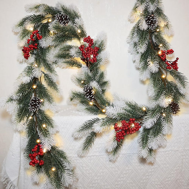 Dense Christmas Garland with Lights 6.56 FT Christmas Long Cedar Garlands for Xmas Tree Christmas Snowy Winter Pine Garlands Greenery Garland for Table Mantle Wall Indoor Outdoor Christmas Decorations