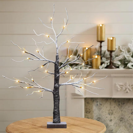 Snow Dusted Tabletop Christmas Tree, 24” Battery Operated Artificial Snowy Tree Lights with 24 Warm White LED Timer Function for Indoor Christmas Winter Party Decor