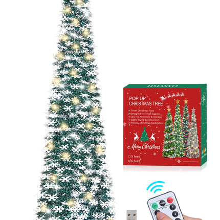 HMASYO 6 FT Pop Up Tinsel Christmas Tree with 100 LED Lights & Remote, Collapsible Artificial Pencil Tree with Snowflake Ornaments Xmas Decoration for Home, Office, Party, USB Powered Timer Lights