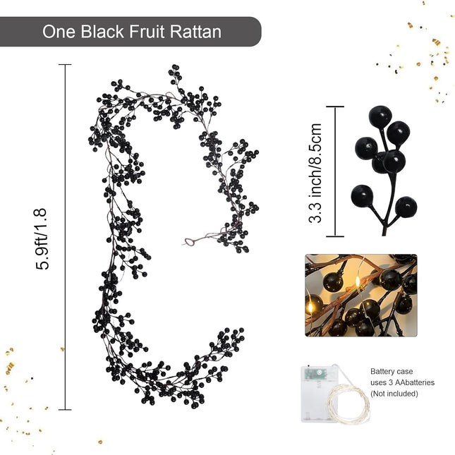 RECUTMS Artificial Berry Christmas Garland Faux Fireplace Garland for Mantle with 30 LED Fairy String Lights Indoor and Outdoor Home Garden Tree Party Fireplace Wall Decoration (Black)
