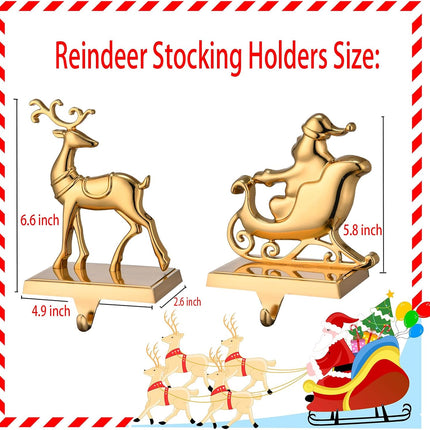 Antique Gold Reindeer & Sleigh Stocking Holder Set for Mantle Set of 4,Deer Stocking Hangers for Firepiece,Christmas Decorations Mantel Hanger for Stocking/Garland (Retro Gold)