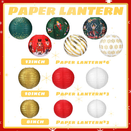 Bencailor 12 Pcs Christmas Hanging Paper Lanterns Set Decorative Christmas Party Lanterns Round Hanging Lamps for Xmas Home Decoration Supplies Props Holiday Decor (Striped,12 Inch,10 Inch, 8 Inch)