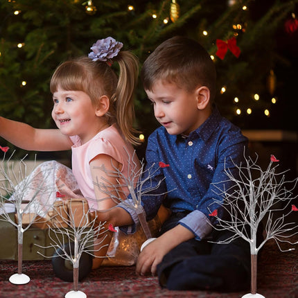 8 Pcs Christmas Decor Trees Christmas Village Trees Set Mini Decor Trees with Red Birds Snow Village Frost Trees Winter Snow Model Birch Trees Village Accessories for House Garden Winter Table Decor
