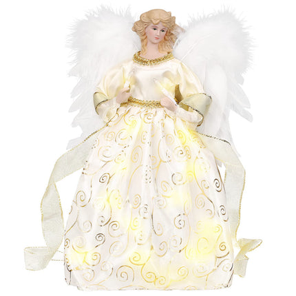 HOHOTIME 12'' Angel Tree Topper with White Feather Wings and Gold Skirt, Christmas Tree Topper with LED Light for Tree Toppers Holiday Ornament Decorations, Gold