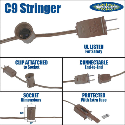 C9 Clear Christmas String Light Set - Outdoor Christmas Light String - Hanging Christmas Lights - Roofline Light String - Outdoor Patio String Lights - Brown Wire - 25 Foot