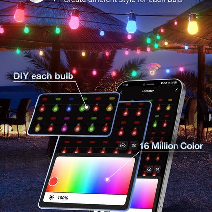 addlon 48FT Smart RGB Outdoor String Lights, Dimmable Patio Lights with 15 Waterproof Shatterproof LED Bulbs, Color Changing String Lights APP Control (Remote not Included), Music Sync for Party