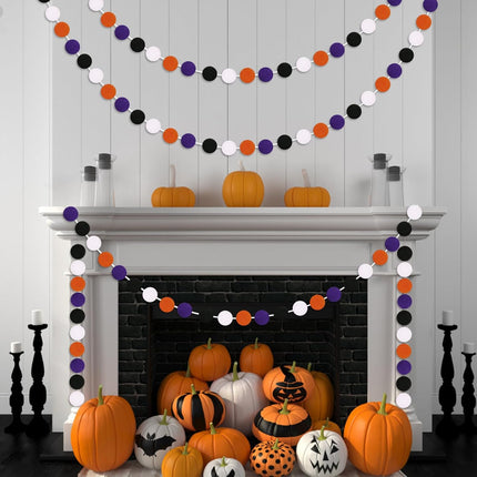 Halloween Garland, 1.2" Large Pompom Garland Black Orange Purple White, 16.4Ft 60 Pompom Ball Garlands, 2Packs Halloween Pompom Garlands for Halloween Party, Home and School Decor
