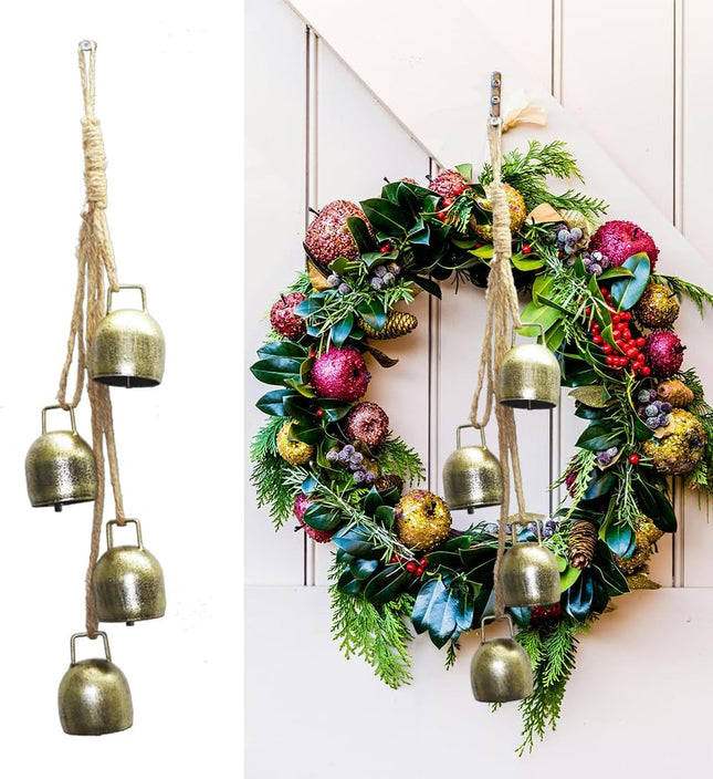 Christmas Bells for Decoration, Gold Bells Metal Vintage Bells with Jute Hanging Rope, Christmas Cow Bells Perfect for Doors, Windows, Wreaths, Living Rooms, Christmas Trees,Gardens(1Set/4 Gold Bells)