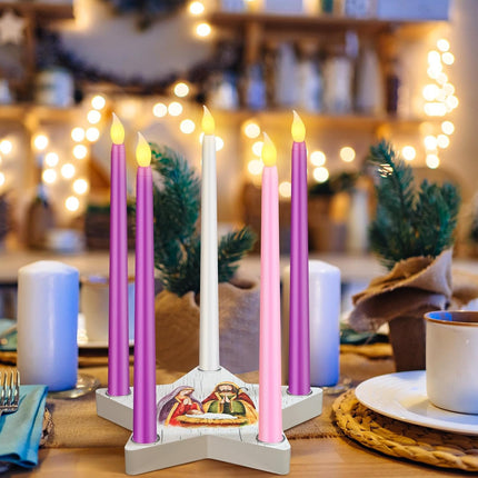 Sliner Christmas Advent Candle Holder Nativity Scene Christmas Candle Holder Set 1 Star Shape Wooden Advent Wreath Candlestick Holders and Candles Rustic Mantle Holiday Table Decoration (Novelty)