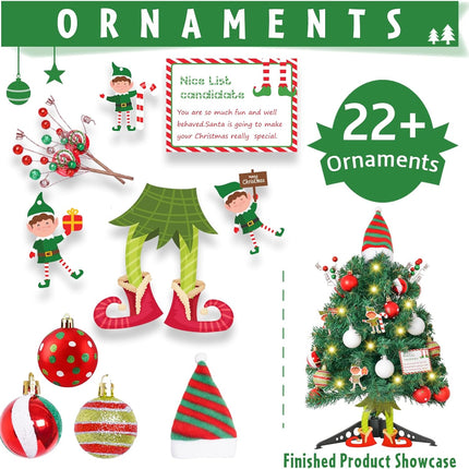 20" Elf Mini Christmas Tree with Head Arms and Legs Small Christmas Tree Tabletop Christmas Tree with Lights Decorative Christmas Ornaments for Home Party Decor