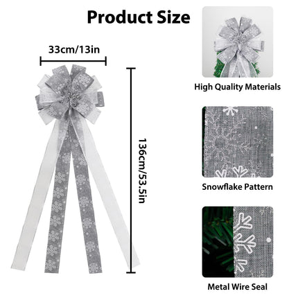 Christmas Tree Topper Bow, 53X13 Inch Artificial Xmas Tree Topper Ornaments for Home, Wedding, Birthday Party, Indoor Outdoor Thanksgiving Christmas Decorations, Grey & Silver