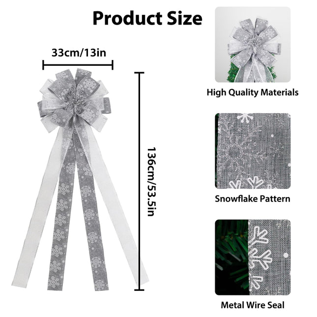 Christmas Tree Topper Bow, 53X13 Inch Artificial Xmas Tree Topper Ornaments for Home, Wedding, Birthday Party, Indoor Outdoor Thanksgiving Christmas Decorations, Grey & Silver