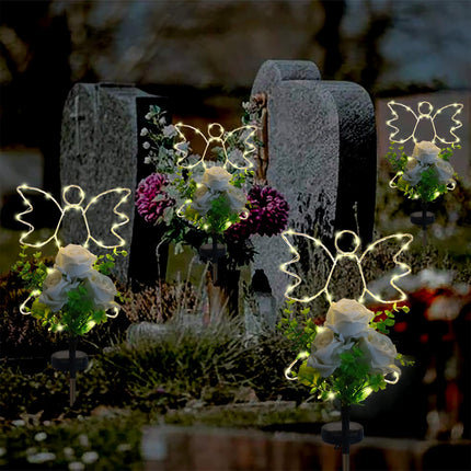 Lmtcos Solar Angel Lights for Cemetery Grave Decorations, Waterproof Angel with Rose Memorial Cemetery Lights, Solar Angel Grave Lights for Mother Day Father Day Memorial Day Christmas Grave Decor