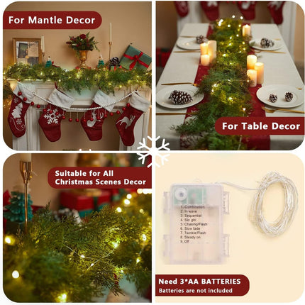 6FT Christmas Garland PARTY JOY Cedar Garland with 9.8FT LED Lights String, Greenery Plant for Christmas Decorations Table Mantle Background Wall Room Outdoor Indoor Winter Decoration