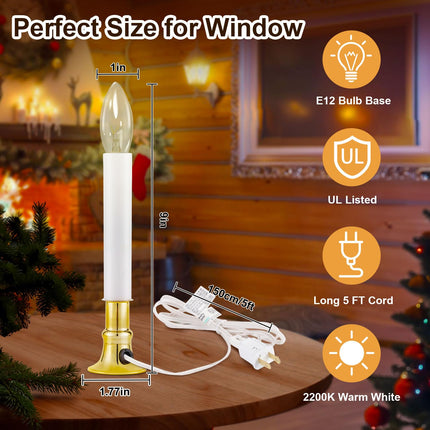 TOBUSA 4 Pack Christmas Electric Window Candle Lights, Dusk to Dawn Candle Lamps with Brass Base, 9in Plug in Candle Lights with 7W E12 Base Incandescent Bulbs for Windows, Home, Party Decor