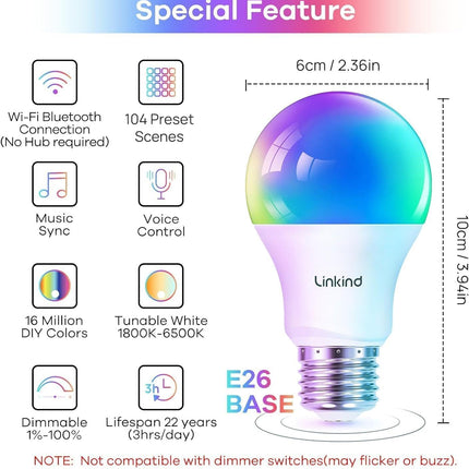 Linkind Color Changing Smart WiFi Light Bulbs, Work with Alexa & Google Home, A19 E26 Dimmable RGBTW Bulbs, No Hub Needed, 800 Lumen, 2.4Ghz WiFi, 6 Pack