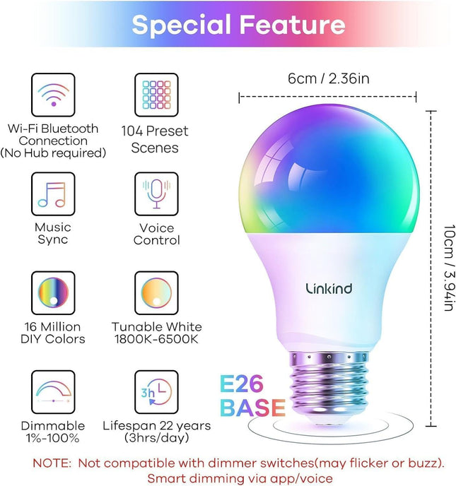 Linkind Color Changing Smart WiFi Light Bulbs, Work with Alexa & Google Home, A19 E26 Dimmable RGBTW Bulbs, No Hub Needed, 800 Lumen, 2.4Ghz WiFi, 6 Pack