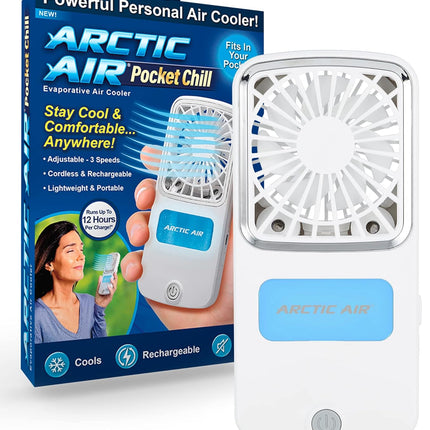 Arctic Air Portable Fan, Pocket Chill Handheld Mini Fan, Rechargeable Personal Air Cooler With HydroChill Technology, 3 Speeds Bu
