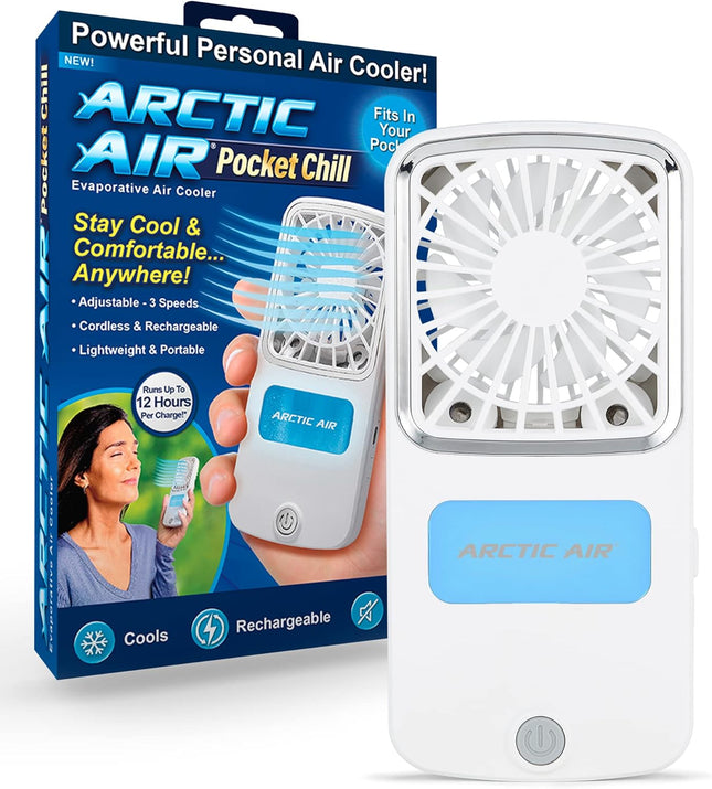 Arctic Air Portable Fan, Pocket Chill Handheld Mini Fan, Rechargeable Personal Air Cooler With HydroChill Technology, 3 Speeds Bu