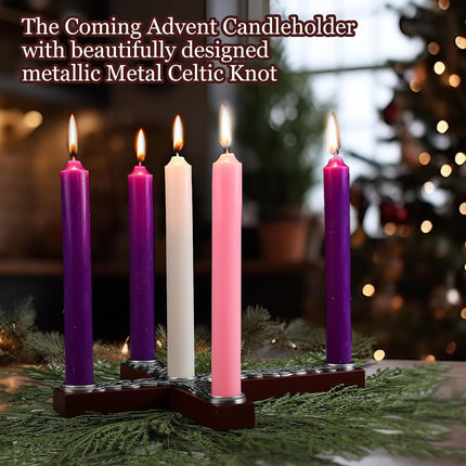 Christmas Advent Candle Holder Rustic Wood Cross Advent Wreath Jesus Nativity Candle Holder with Metal Celtic Knot Religious for Home Church Advent Christmas Holy Tabletop Centerpiece Decor