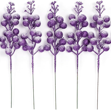16 Pieces Artificial Glitter Berries Stems, 8-Inch Frosted Christmas Picks Berry Sprays Twig Glitter Holly Berry Branches for Xmas Tree Fillers Ornaments, Wreath, Crafts, Home Holiday Decor (Purple)
