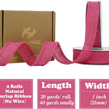 HUIHUANG Hot Pink Burlap Ribbon 1 inch x 20 Yards Natural Jute Burlap Ribbon for Wrapping Thick Burlap Ribbons for Crafts Christmas Wreaths Bows Rustic Home Decor Wedding Party Decor (No Wire)
