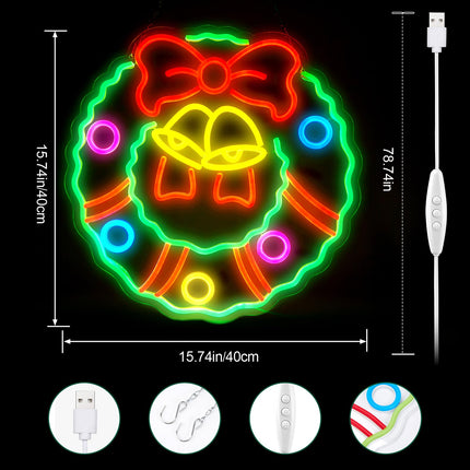 FITNATE Christmas Wreath Neon Sign for Wall Door Decor, Dimmable Christmas Neon Light, USB Powered LED Neon Sign for Living Room, Bedroom, Christmas Party Decor
