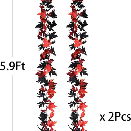 DearHouse 2 Pack Fall Garland Maple Leaf Clearance, 5.9Ft/Piece Halloween Maple Garland Black and Red Autumn Foliage Garland Halloween Decor for Home Fireplace Party (Black and Red)