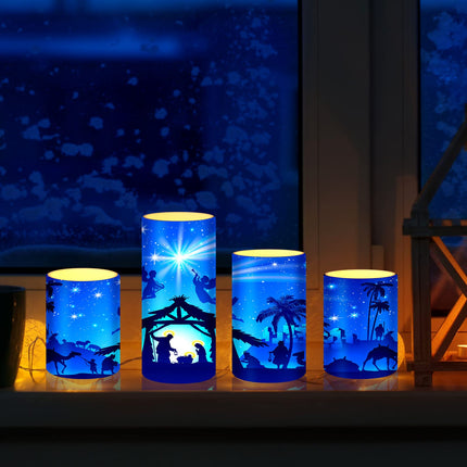 Tiamon Christmas Nativity Scene Candles LED Religious Theme Flameless Candles Battery Operated LED Warm Light Flickering Candles Xmas Pillar Candle Set for Holiday Table Decorations (Romantic)