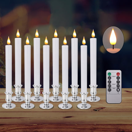 LED Flameless Window Candles with Remote Timer Sliver Base 10 PCS Battery Operated Flickering Taper Candle Lights with Removable Candle Holders Best for Xmas Wedding Home Dinner Décor