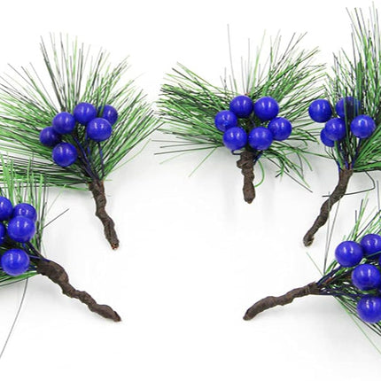 DULRLLY 24 Pcs Artificial Pine Picks, Winter Berries Holly Spray Wire Stems, Mini Stimulation Red Berries Branches for Xmas Flower Arrangements Wreaths and Holiday Decorations… (Blue)