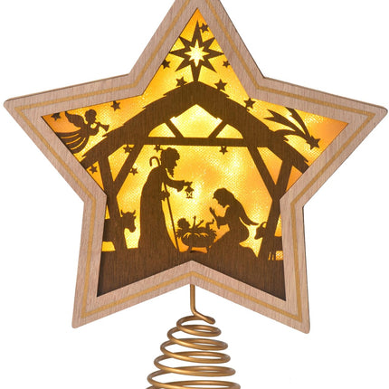 Christmas Tree Topper, Nativity Christmas Treetop Ornaments, Battery Powered LED Light Up Christmas Tree Decorations for Indoor Office Xmas Year Holiday Tree Decoration 7.87" x 9.25" (Brown)