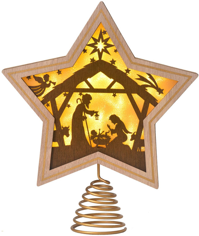 Christmas Tree Topper, Nativity Christmas Treetop Ornaments, Battery Powered LED Light Up Christmas Tree Decorations for Indoor Office Xmas Year Holiday Tree Decoration 7.87" x 9.25" (Brown)