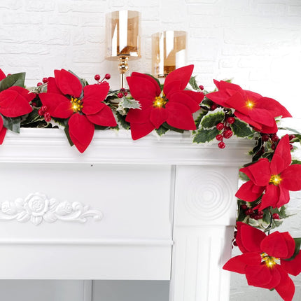 2 Pack Poinsettia Garland Christmas Decorations, Velvet Silk Artificial Flowers 6ft Garland with Red Berries and Holly Leaves for Indoor Outdoor Party Tree Decor