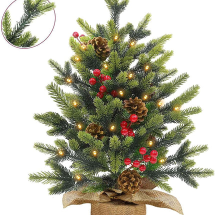 Tabletop Small Christmas Tree, 24 Inch/2FT Realistic-Feel PE Artificial Mini Christmas Tree with 30 Lights Timer Battery Operated 56 Norfolk Pine Tips 8 Pinecone 8 Red Berry Burlap Base Xmas Decor