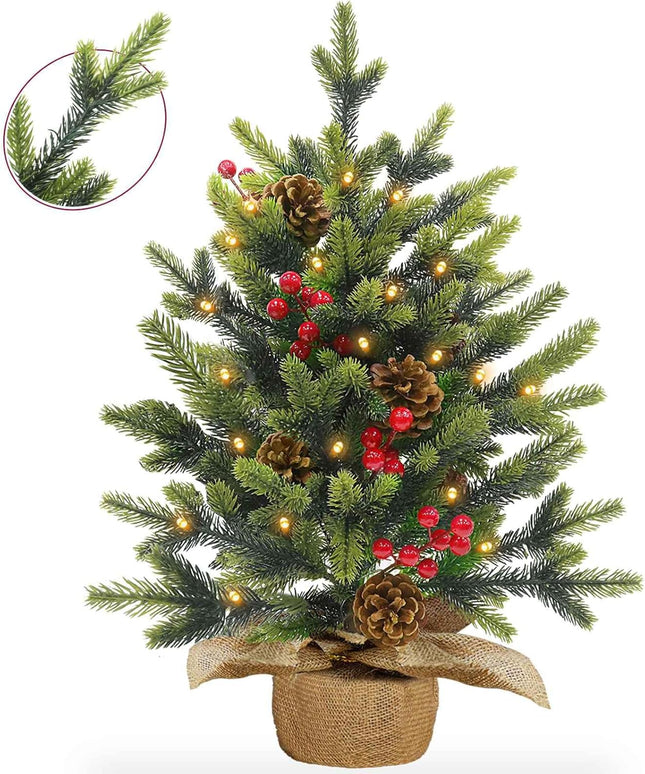 Tabletop Small Christmas Tree, 24 Inch/2FT Realistic-Feel PE Artificial Mini Christmas Tree with 30 Lights Timer Battery Operated 56 Norfolk Pine Tips 8 Pinecone 8 Red Berry Burlap Base Xmas Decor