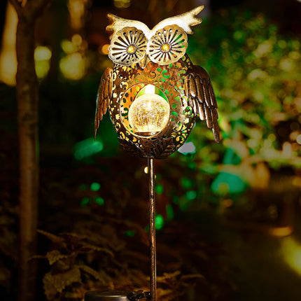 Go2garden Solar Lights Outdoor Owl Decorative Metal Stakes Lights Crackle Glass Light for Lawn, Yard Art, Pathway, Patio Decor,Mothers' Day (Bronze)