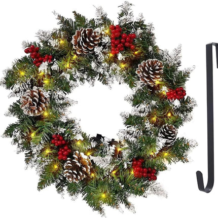 Christmas Wreath, Prelit Christmas Wreath with Lights, Small Artificial Xmas Wreath ,Winter Snowflake Christmas Wreath for Door Hanging Christmas Decoration