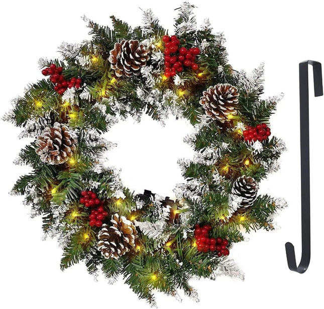 Christmas Wreath, Prelit Christmas Wreath with Lights, Small Artificial Xmas Wreath ,Winter Snowflake Christmas Wreath for Door Hanging Christmas Decoration