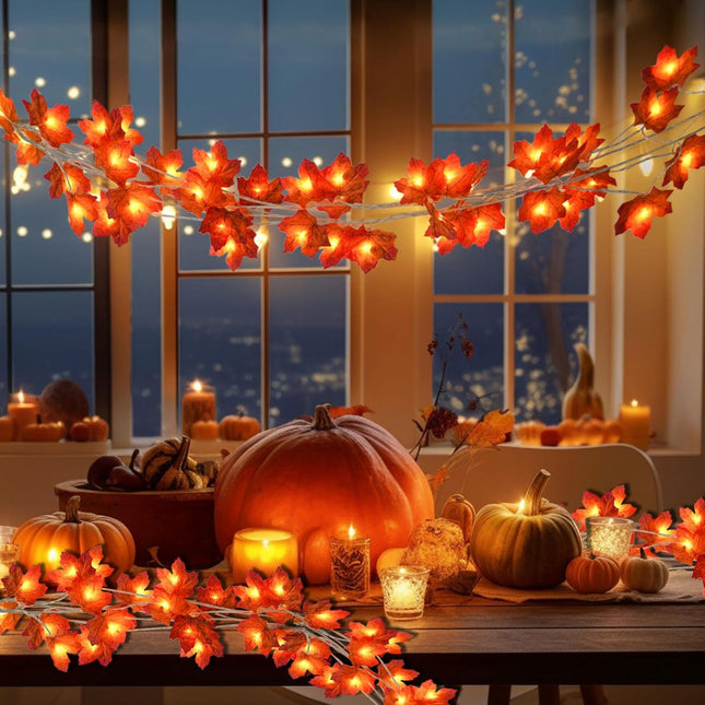 2 Pack Maple Leaf Lights, Thanksgiving Decorations for Home, Leaves Garland with Lights, Total 30Ft 60LED Fall Leaf Decor String Lights, Thanksgiving Christmas Halloween Decorations Indoor Outdoor